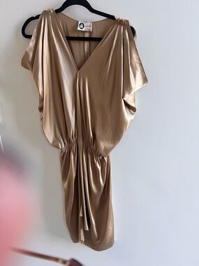 Lanvin Metallic Gold Satin Mini Dress with Draped V-Neck